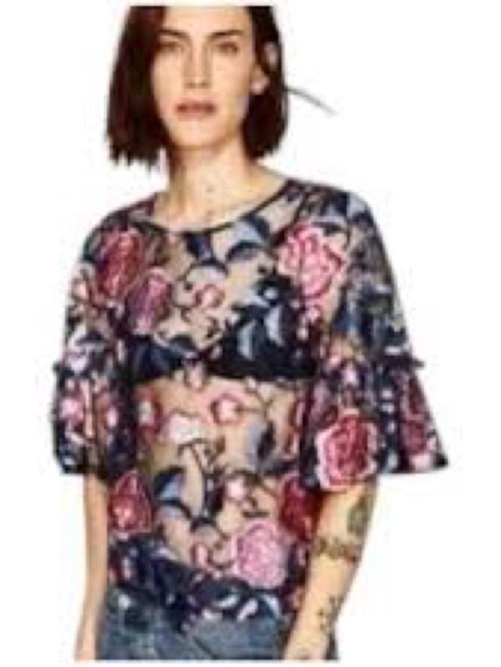 Zara Navy Sheer Floral Embroidered Blouse with Pink Accents